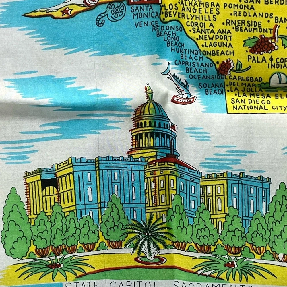 Vintage 1940s California Souvenir Map SILK Scarf Turquoise Yellow Red Oversized